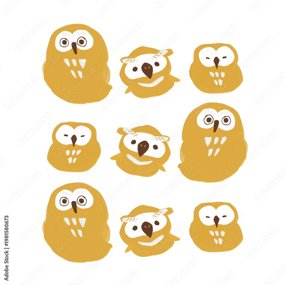 Obraz premium ゆるいイラストセット 違うポーズのフクロウセット 手描き 背景透過 