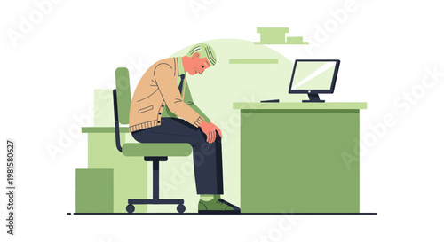 Exhausted businessman slumped at office desk, feeling stressed and overwhelmed by work.