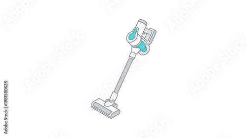 Isometric vector illustration of a modern cordless stick vacuum cleaner, a sleek household cleaning appliance with blue accents, ideal for technology, home, and graphic design projects