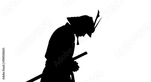 Silhouette of a Samurai warrior in traditional armor with sword, bowing in respect.