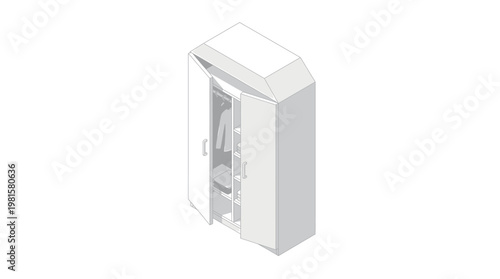 Minimalist isometric illustration of an open white wardrobe revealing organized clothes and interior shelves, perfect for storage and home furniture design concepts