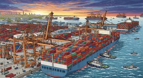 Massive Container Ship Docked at a Busy Port Terminal.