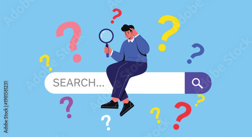 Man sitting on search bar with question marks around him