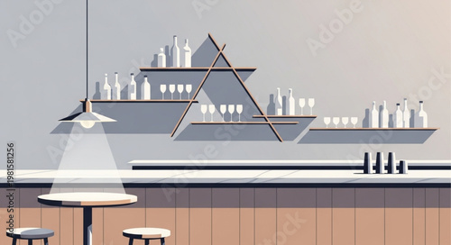 Minimalist Bar Interior with Geometric Shelves and Soft Lighting.