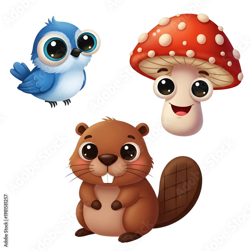 Cute Forest Animals Set with Blue Bird Beaver and Happy Mushroom Character
