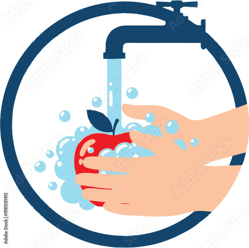 Washing a red apple under a faucet with water