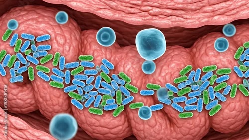 Intestinal lining with probiotic bacteria and immune cells science animation