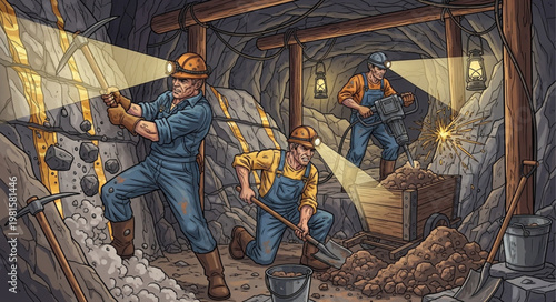 Miners Exploring a Dark Underground Mine with Headlamps.