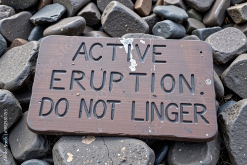 A sign made of volcanic rock slabs reading: 