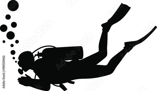 Black silhouette of a scuba diver swimming with bubbles