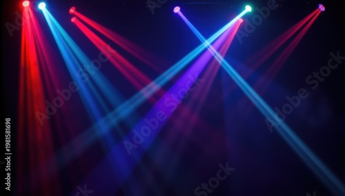Multiple colored stage spotlights with volumetric haze on black background
