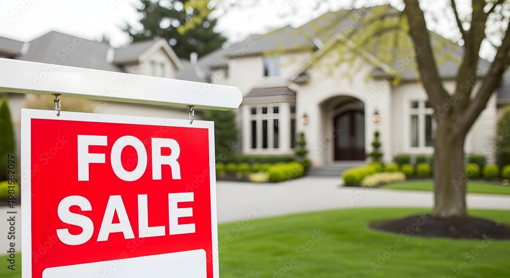 Fototapeta premium For sale real estate sign in front of a suburban home