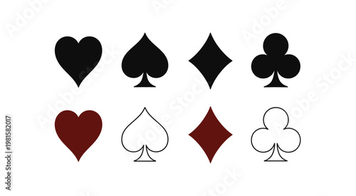 Card suits hearts spades diamonds clubs minimal black icon vector symbols for casino game design illustration