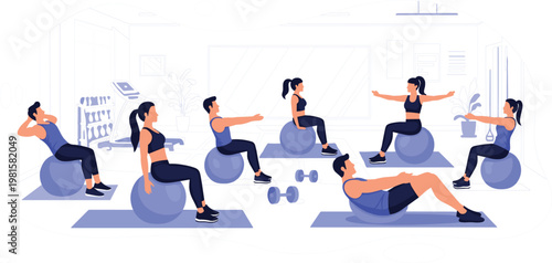 Group Fitness Training Illustration with People Exercising on Stability Balls in Gym, Workout Routine, Strength Training and Healthy Lifestyle Concept Design