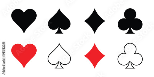 Card suits hearts spades diamonds clubs black playing cards icons vector symbols isolated graphic design elements