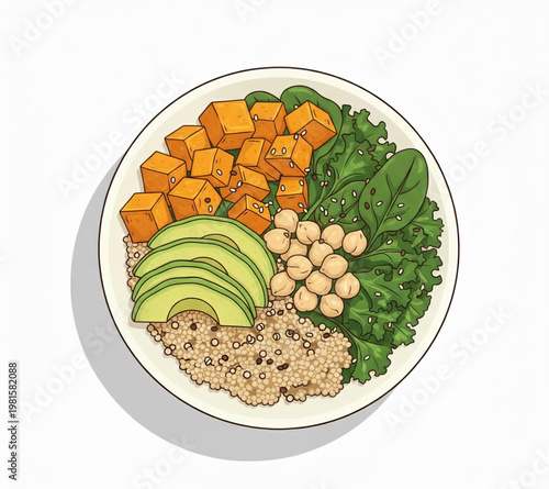 Vibrant and wholesome plant-based power bowl, packed with nutritious quinoa, creamy avocado, roasted sweet potatoes, fresh greens, and protein-rich chickpeas for a healthy vegan meal