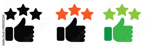 Thumbs Up with Stars Icon Set for Approval Feedback Social Media Like recommendation and Positive Rating Flat Vector on White Background