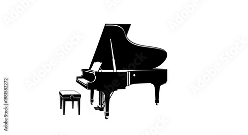 Black Grand Piano Silhouette with Stool and Sheet Music on White Background