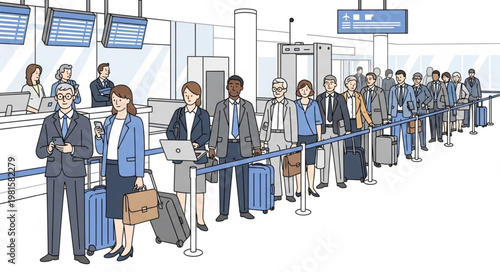 Line of travelers waiting at airport security checkpoint.