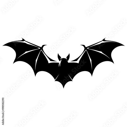 Black bat icon, flying mammal silhouette, Halloween symbol, vector illustration
