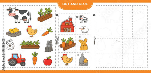 PrintKids Farm Cut and Glue Activity Worksheet with Animals, Vegetables, Tractor and Barn, Educational Printable Game for Preschool Learning and Fine Motor Skills Development