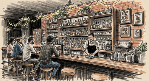 Lively Bar Scene - Patrons Enjoying Drinks and Bartender at Work.