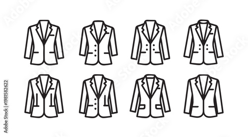 Set of eight blazer jacket outlines on a white background for fashion design