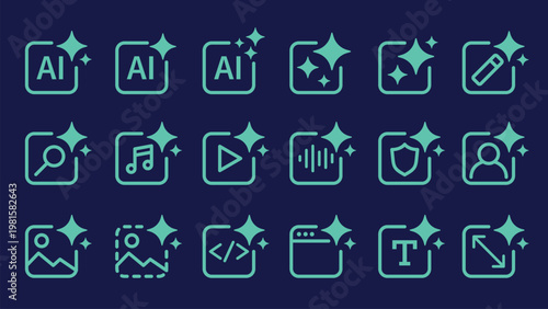 Teal UI icons with sparkles, element vector set