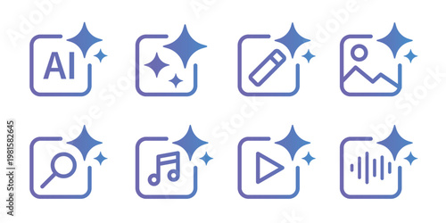 Gradient blue UI icons with sparkles, element vector set