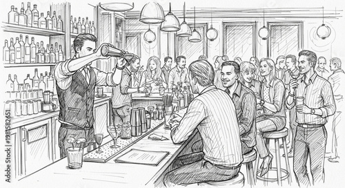 Lively bar scene with bartender and patrons enjoying drinks.
