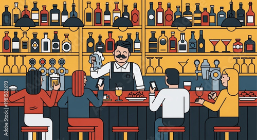 Lively Bar Scene with Bartender and Patrons Enjoying Drinks.