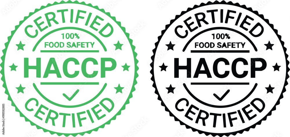 Obraz premium HACCP certified food safety seals green and black vector icons for quality assurance and compliance isolated on white background