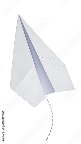 A white paper airplane with a dotted line tail on a plain background