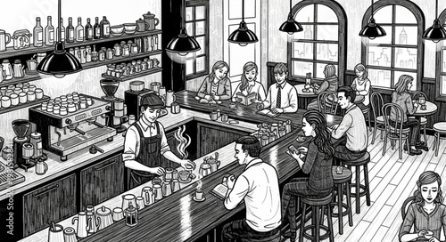 Lively Bar Scene with Bartender and Patrons in Detailed Sketch.
