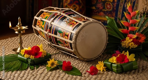 Traditional Sri Lankan Geta Bera Drum with Brass Oil Lamp and Tropical Flowers on Coir Mat