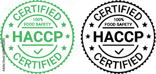 HACCP certified food safety seals green and black vector icons for quality assurance and compliance isolated on white background