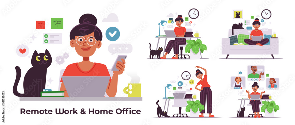 Fototapeta premium Remote work and home office set. Businesswoman working from home, freelancer lifestyle, flat vector illustration