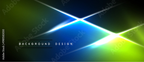 Vibrant abstract background features glowing lines, gradients. Blue, green, yellow hues dominate dark space. Modern design element.