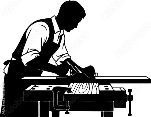 Vintage carpenter silhouette working at workbench, woodworker using hand plane on timber, traditional woodworking craftsman vector illustration