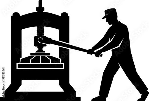 Vintage printing press operator silhouette, antique manual screw press machine, retro industrial worker woodcut style vector illustration