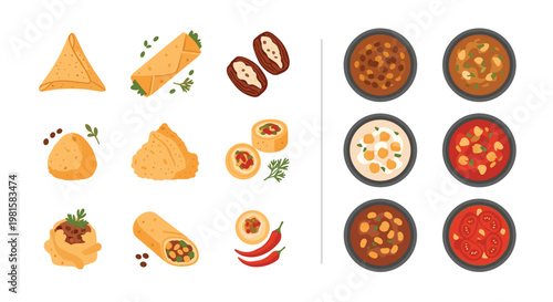 A systematic grid layout featuring various golden appetizers like samosas and wraps is presented on a plain white surface with colorful savory dips under bright light.