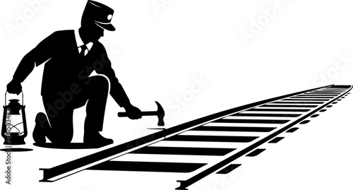 Vintage railway worker silhouette with lantern and hammer, railroad track maintenance technician, industrial train track repair vector illustration
