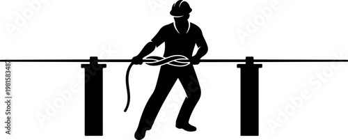 Industrial worker silhouette pulling rope on construction site, manual laborer with safety helmet, heavy duty cable installation vector illustration