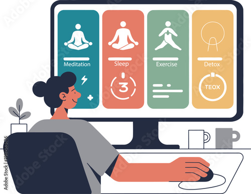 Person using computer for wellness activities meditation sleep exercise detox