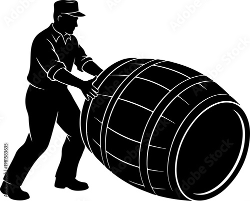 Vintage worker rolling a large wooden barrel, retro brewery laborer silhouette vector, manual distillery worker moving wine cask