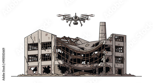 An advanced multi-rotor drone performs a critical structural inspection over a heavily damaged and collapsed industrial factory building against a white backdrop.