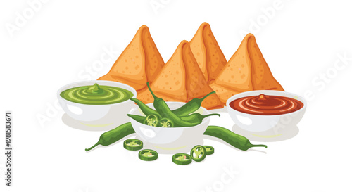 Meticulously prepared golden-brown triangular samosas are served alongside vibrant green chutney and spicy red sauce on a clean white minimalist background.