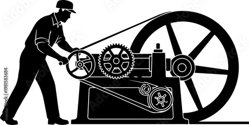 Vintage industrial factory worker silhouette, retro machinist operating heavy machinery with gears, antique manufacturing engineer vector illustration