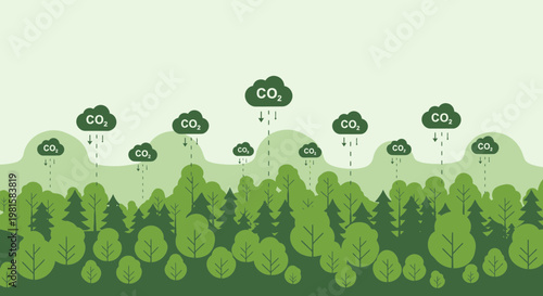 Forest absorbing CO2 from clouds, symbolizing environmental protection and carbon capture.