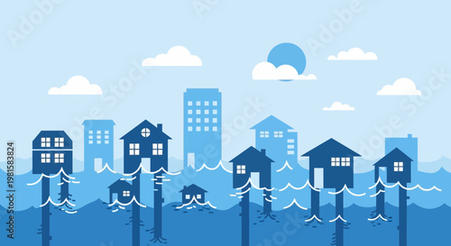 Flooded Cityscape with Houses on Stilts, Climate Change Concept